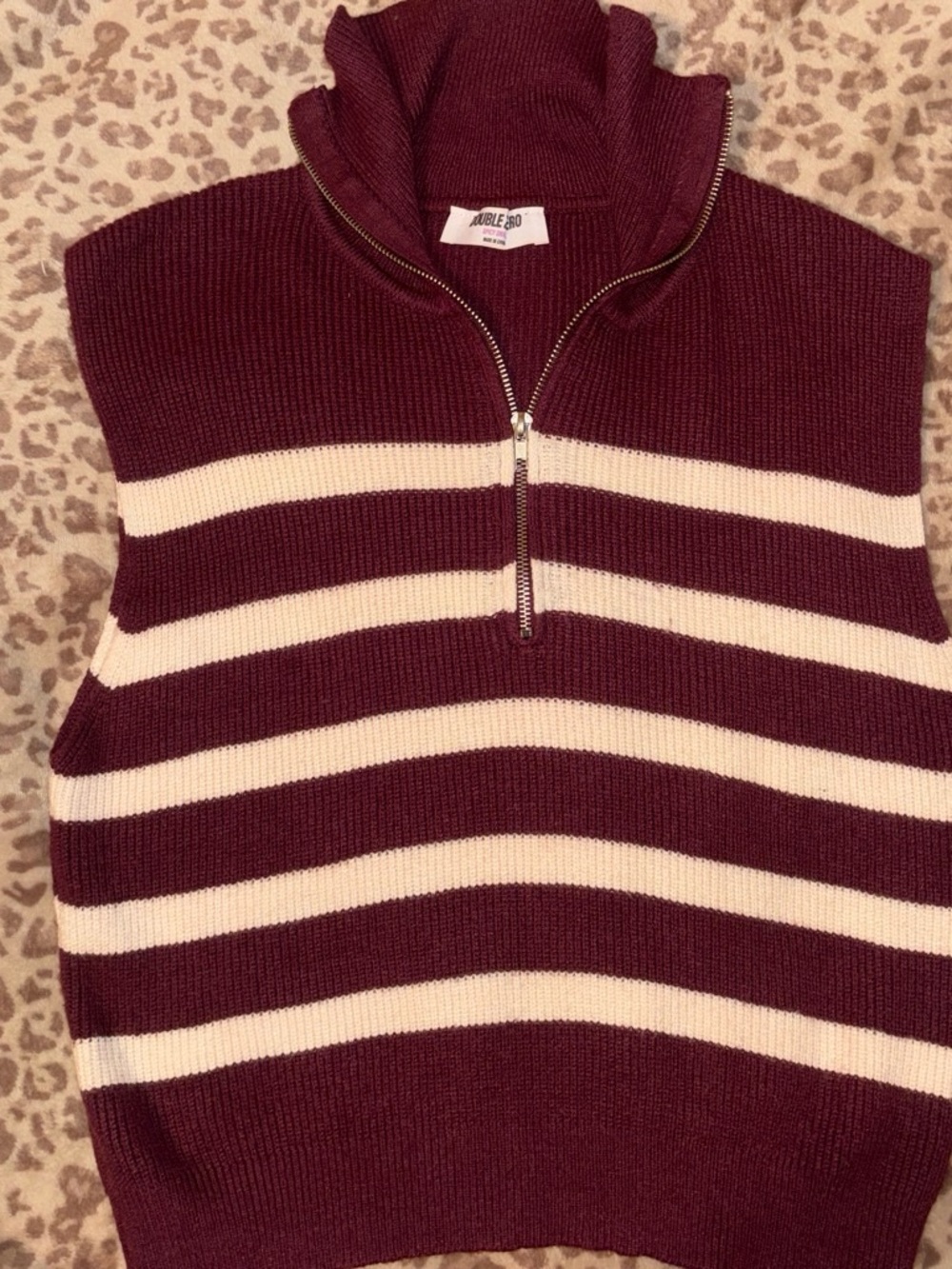 Double Zero Maroon & Cream Zip-Up Striped Sweater Vest